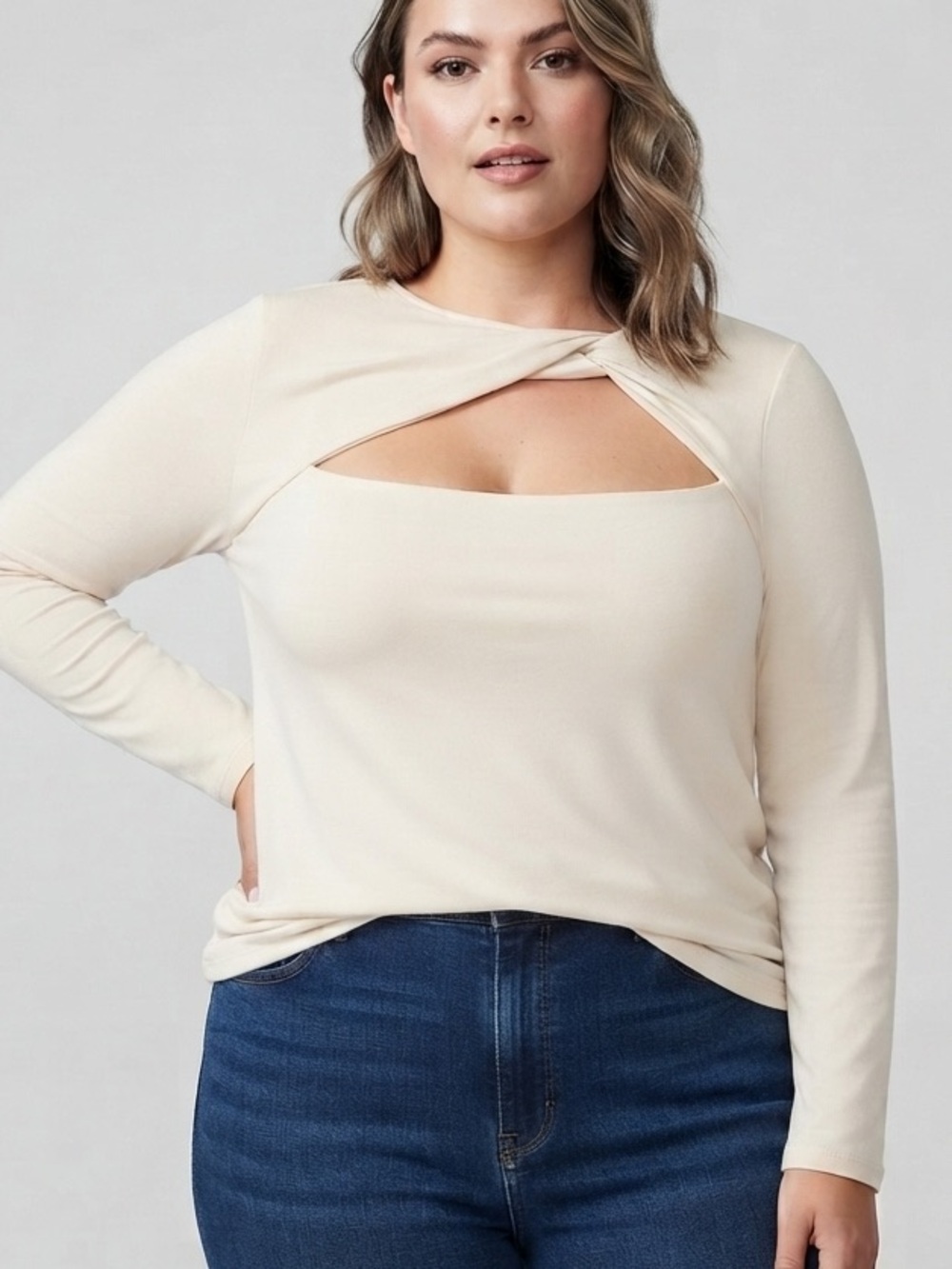 NWT H&M Off-White Twist Neck Front Cutout Long Sleeve Top size XL